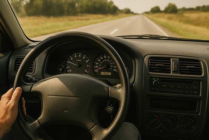 Close-up of a car dashboard odometer showing high mileage during a used car inspection