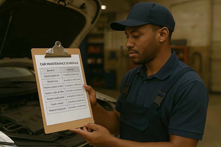 Car maintenance schedule chart showing service intervals for oil, tires, brakes and fluids