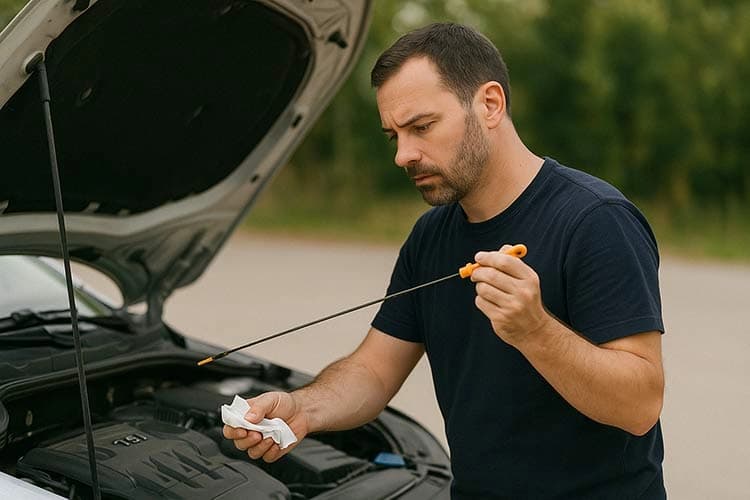 Engine oil being poured into a car engine during a routine oil change