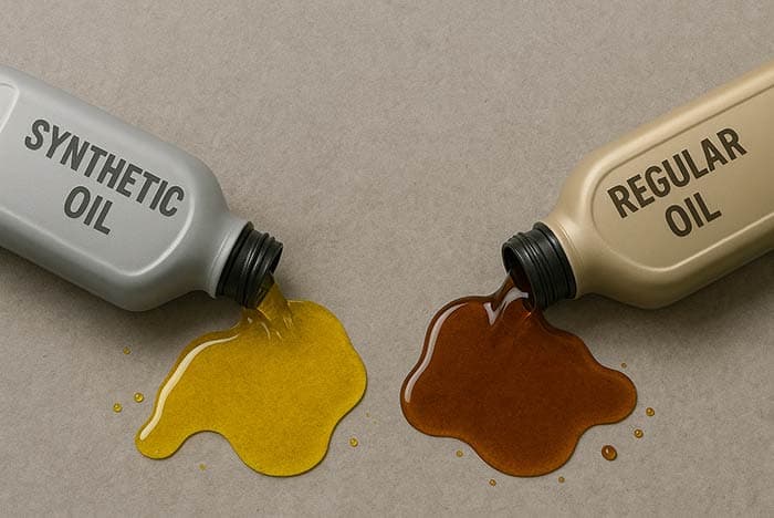 Bottles of synthetic and conventional motor oil side by side next to a funnel