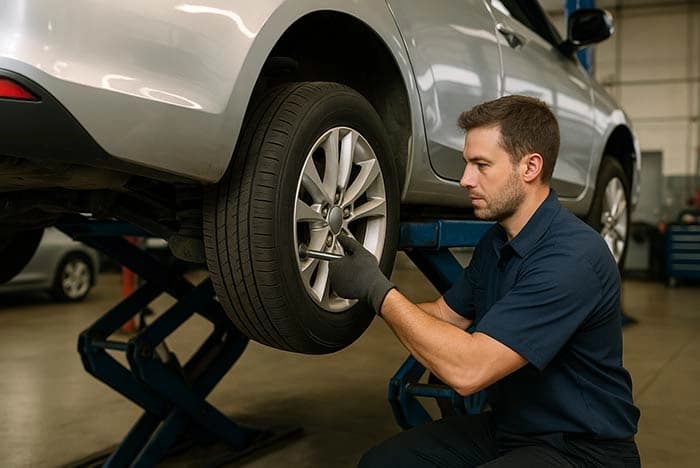 Mechanic rotating a car tire using a floor jack and impact wrench