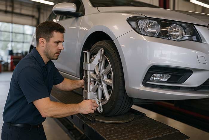 Technician using a computerized wheel alignment machine to measure a car's suspension angles