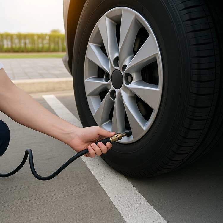 Driver checking tire pressure with a gauge on a car tire valve stem